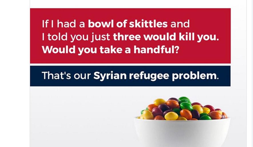 This screenshot shows the tweet posted on Monday, Sept. 19, 2016, by Donald Trump Jr., in which he compares Syrian refugees to a bowl of poisoned Skittles. The post caused a stir and negative tweets on the internet into Tuesday, including a terse response from Skittles parent company, Wrigley Americas. "Skittles are candy. Refugees are people. We don't feel it's an appropriate analogy," Vice President of Corporate Affairs Denise Young said in the statement. (Twitter via AP)