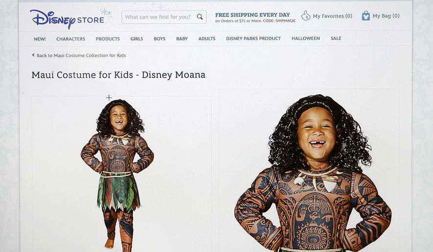 This photograph of a computer screen shows the DisneyStore.com website's Maui Halloween costume on Wednesday, Sept. 21, 2016. Disney said Wednesday it would no longer sell the boy's costume for a Polynesian character that some Pacific Islanders have compared to blackface. The getup features full-body tattoo art adorning Maui, a lead character in the upcoming animated movie "Moana." (DisneyStore.com via AP)