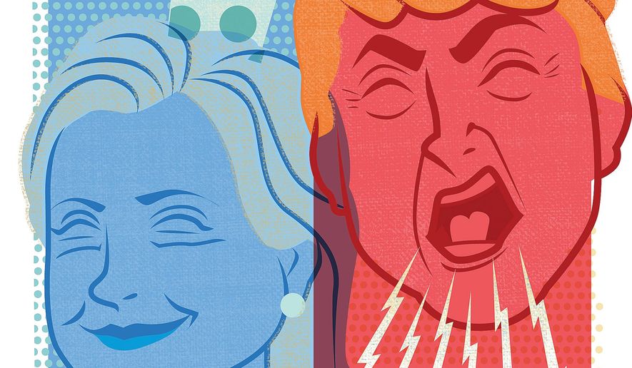 Illustration on the contrasting media coverage of Hillary and Trump by Linas Garsys/The Washington Times