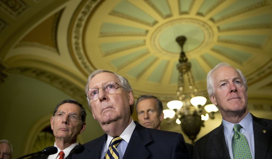 FILE - In tis June 21,2016 file photo, Senate Majority Leader Mitch McConnell of Ky., accompanied by, from left, Sen. John Barrasso, R-Wyo., Sen. John Thune, R-S.D., and Senate Majority Whip John Cornyn of Texas, listen to a question during a news conference on Capitol Hill in Washington. Democrats are criticizing the latest Republican version of legislation that&#39;s needed to avoid a government shutdown next weekend. Sen. Harry Reid of Nevada told reporters that McConnell will unveil the stopgap spending bill and a long-delayed bill to combat the Zika virus on Thursday, Sept, 22, 2016, but that Democrats haven&#39;t signed on to the measure. House Minority Leader Nancy Pelosi said Democrats in that chamber won&#39;t back the measure, either.  (AP Photo/Alex Brandon, File)