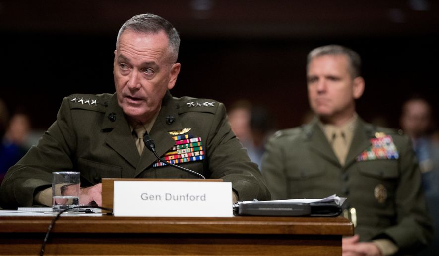 Joint Chiefs Chairman Gen. Joseph Dunford testifies on Capitol Hill in Washington, Thursday, Sept. 22, 2016, before the Senate Armed Services Committee hearing. Dunford and Defense Secretary Ash Carter faced sharp questions from Republicans angry that the Obama administration is not taking more aggressive steps to end the 5-year-old-civil war in Syria.   (AP Photo/Andrew Harnik)