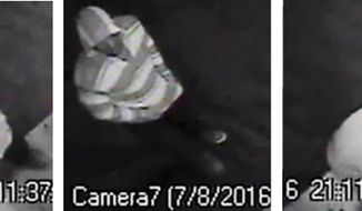 This combination of file images from a Friday, July, 8, 2016, security video released by the San Bernardino, Calif., Police Department shows the suspect of a triple homicide in San Bernardino. The shooter was waiting outside a liquor store, approached a group of three people who left the store, pulled a gun and fatally shot them. The shooter fled on foot and police are asking for the public&#39;s help to identify him. The city has seen a rise in homicides. Police Chief Jarrod Burguan said homicides could double in 2016 from last year. (San Bernardino Police Department via AP, File)