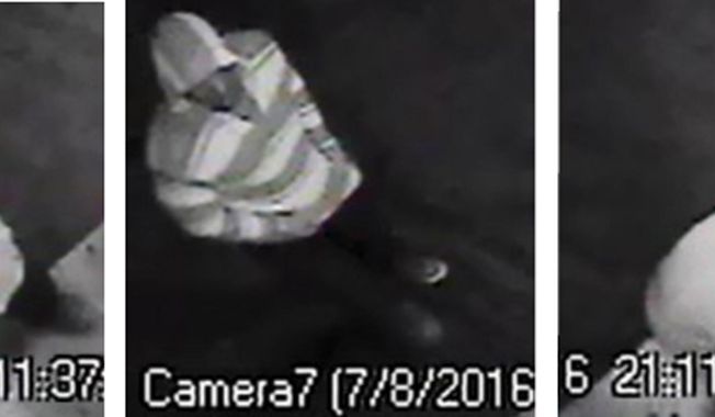 This combination of file images from a Friday, July, 8, 2016, security video released by the San Bernardino, Calif., Police Department shows the suspect of a triple homicide in San Bernardino. The shooter was waiting outside a liquor store, approached a group of three people who left the store, pulled a gun and fatally shot them. The shooter fled on foot and police are asking for the public&#x27;s help to identify him. The city has seen a rise in homicides. Police Chief Jarrod Burguan said homicides could double in 2016 from last year. (San Bernardino Police Department via AP, File)