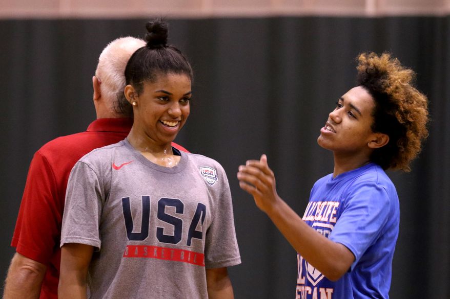 In this Wednesday, Sept. 7, 2016 photo, Jaden Nielsen-Skinner, right, checks to see whether Evina Westbrook, front, or Price Johnson, the owner and operator of The Hoop, a competitive basketball training facility, is taller during an after-school training session in Salem, Ore. The Hoop in Salem is a full fitness center. It is rented for various activities including volleyball, roller skating and wedding receptions. (Anna Reed/Statesman-Journal via AP)
