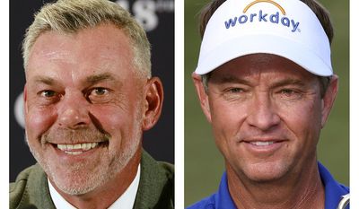 FILE - These file photo show Europe&#x27;s captain Darren Clarke, left, and  United States captain Davis Love III, for the upcoming Ryder Cup golf matches at Hazeltine National in Chaska, Minn. (AP Photo/File)