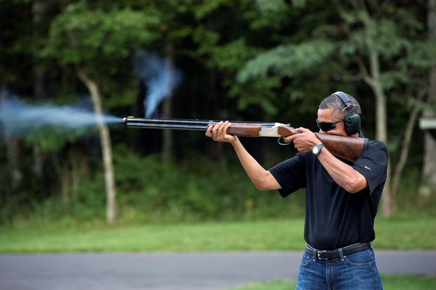 making a point: The White House released a photograph in 2013 of President Obama skeet shooting at Camp David, but there is no evidence to back up his claim that he did it "all the time." (Associated Press)