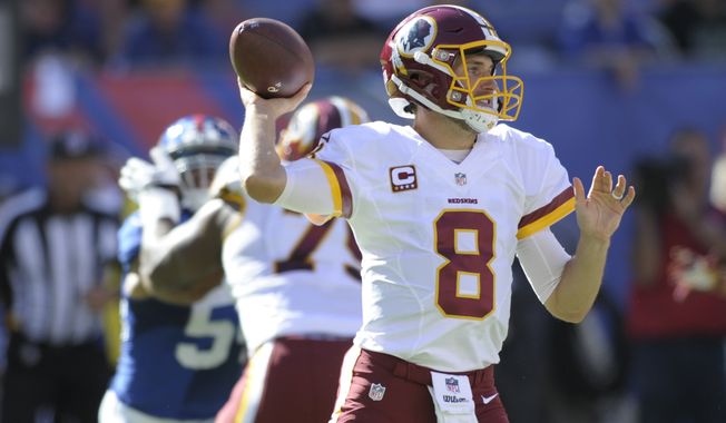 Washington Redskins quarterback Kirk Cousins (8) throws a pass during the second half of an NFL football game against the New York Giants Sunday, Sept. 25, 2016, in East Rutherford, N.J. (AP Photo/Bill Kostroun)