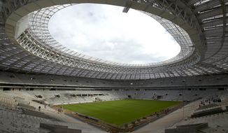 FILE - In this Wednesday, Sept. 7, 2016 file photo, a view of the Luzhniki stadium, which is undergoing a major rebuild to be ready to host the 2018 World Cup final, in Moscow, Russia. FIFA has disbanded its anti-racism task force, declaring the work complete despite ongoing concerns about discriminatory behavior in 2018 World Cup host Russia. (AP Photo/Ivan Sekretarev, File)