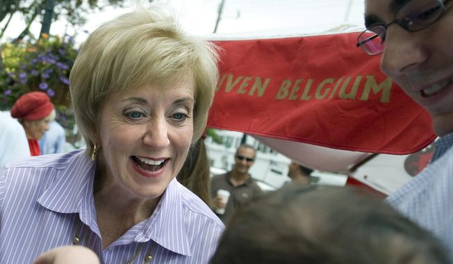 In this Aug. 15, 2012, file photo, Linda McMahon, Republican candidate for U.S. Senate, left, talks with supporter David Becker and his baby daughter Shelby at campaign stop in Fairfield, Conn. The former wrestling executive and two-time Senate candidate has been involved in Republican campaigns across the country in 2016, including hosting fundraisers and making political contributions for major candidates. (AP Photo/Jessica Hill, File)
