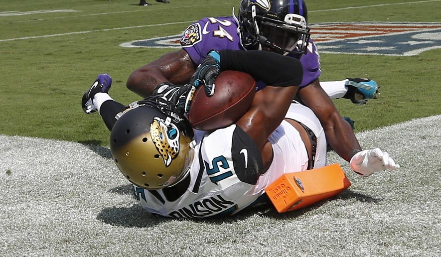 Jacksonville Jaguars wide receiver Allen Robinson (15) catches an 11-yard pass for a touchdown in front of Baltimore Ravens cornerback Shareece Wright during the second half of an NFL football game in Jacksonville, Fla., Sunday, Sept. 25, 2016. (AP Photo/Stephen B. Morton)