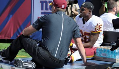 Washington Redskins cornerback Bashaud Breeland strained tendons in his ankle on Sunday against the New York Giants and is week to week, according to coach Jay Gruden. The positive was that he avoided any broken bones. (Associated Press)