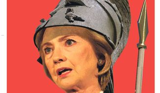 Illustration on Hillary Clinton&#x27;s bellicose attitude by Alexander Hunter/The Washington Times