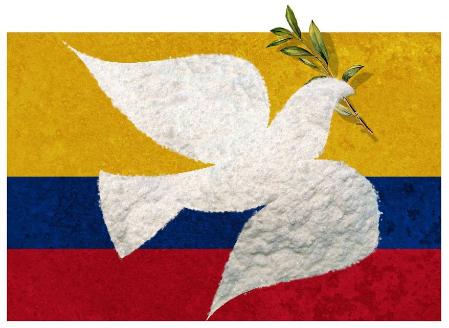 Illustration on the Colombia peace accord and cocaine exportation by Alexander Hunter/The Washington Times