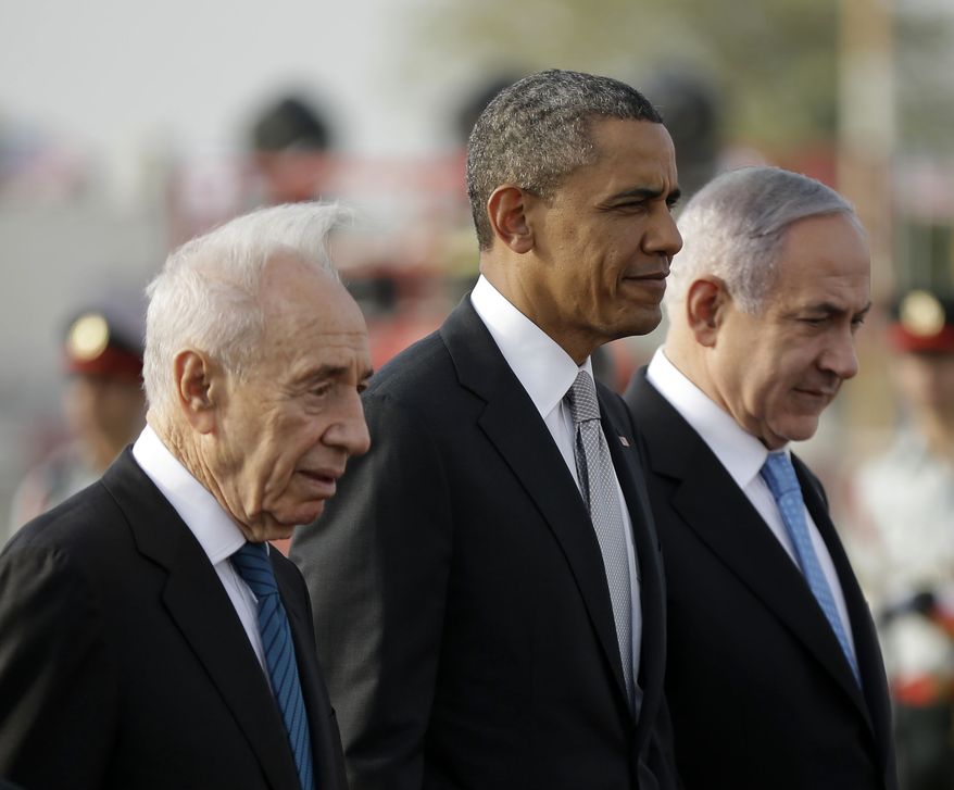 In this March 22, 2013, file photo, President Barack Obama walks on the tarmac with Israeli Prime Minister Benjamin Netanyahu, right, and Israeli President Shimon Peres, left, prior to his departure from Ben Gurion International Airport in Tel Aviv. Shimon Peres, a former Israeli president and prime minister, whose life story mirrored that of the Jewish state and who was celebrated around the world as a Nobel prize-winning visionary who pushed his country toward peace, has died, the Israeli news website YNet reported early Wednesday, Sept. 28, 2016. He was 93. (AP Photo/Pablo Martinez Monsivais, File)