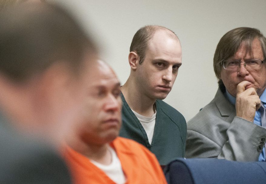 Attorney Jim Terrell, far right, sits with his client David Smith while he appears during Smith's sentencing hearing on Tuesday, Sept. 27, 2016, in Victorville Calif. David Smith and Cameron Thomson were sentenced for their part in the killings of Bhodi Sherzer-Potter and Christopher Cody Thompson in 2008. (James Quigg/The Daily Press via AP)