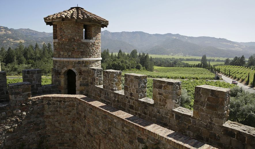 In this photo taken May 31, 2016, a rampart of the Castello di Amorosa overlooks the Napa Valley in Calistoga, Calif. (AP Photo/Eric Risberg)