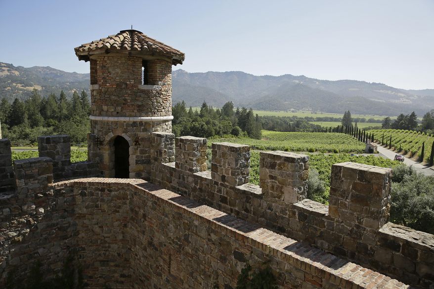 In this photo taken May 31, 2016, a rampart of the Castello di Amorosa overlooks the Napa Valley in Calistoga, Calif. (AP Photo/Eric Risberg)