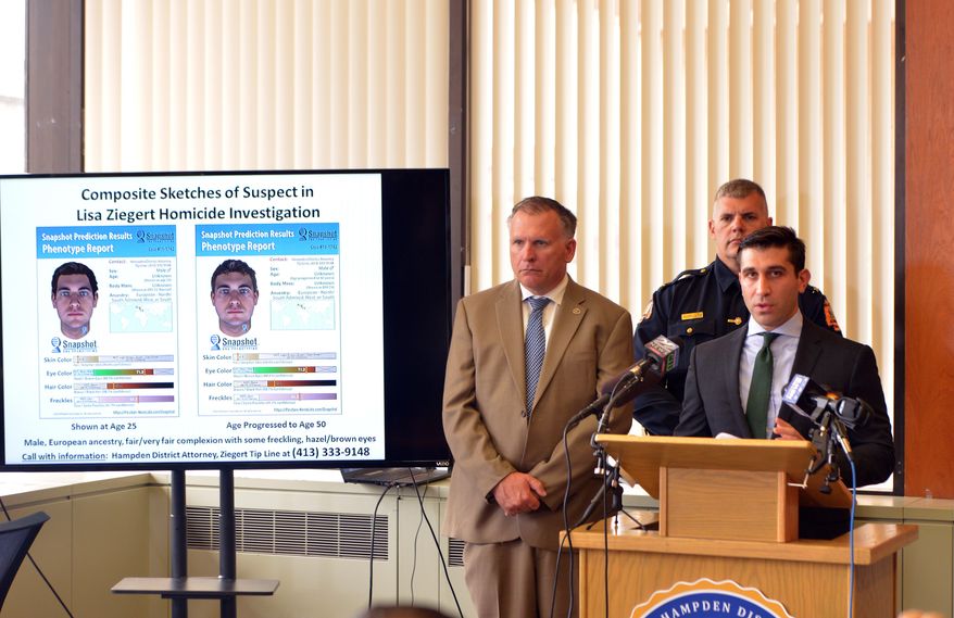 Hampden County District Attorney Anthony Gulluni announces at a press conference that a composite sketch has been made of a suspect in the decades-old murder case of Agawam's Lisa Ziegert made from state-of-the-art DNA analysis. Ziegert was working her night job at a card and gift shop when she disappeared in April 1992. Her body was found four days later. (Don Treeger/The Republican via AP) /