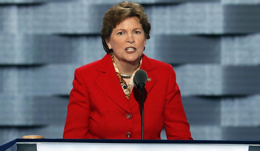 FILE - In this July 25, 2016, file photo, Sen. Jean Shaheen, D- N.H., speaks during the first day of the Democratic National Convention in Philadelphia. A proposed federal bill of rights for survivors of sexual assault won final legislative approval Sept. 28, sending it to the president’s desk. The Senate unanimously approved the measure, which would ensure that survivors in federal criminal cases have the right to a sexual assault evidence collection kit, to be told of the results and to be notified in writing before the kit is destroyed. (AP Photo/J. Scott Applewhite, File)