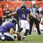 FILE - In this Sept. 18, 2016, file photo, Baltimore Ravens&#39; Justin Tucker (9) kicks a field goal asSam Koch (4) hold during the second half of an NFL football game against the Cleveland Browns in Cleveland. After scoring a big contract during the offseason, Tucker hasn&#39;t missed a kick and has accounted for more than half the Ravens&#39; points. (AP Photo/Ron Schwane, File)