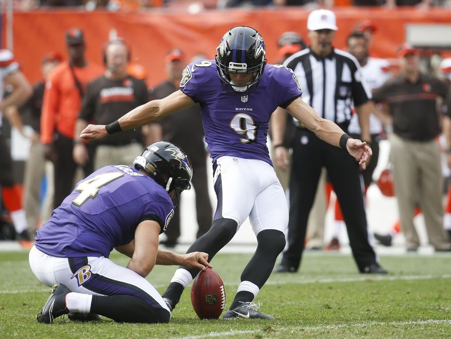 FILE - In this Sept. 18, 2016, file photo, Baltimore Ravens&#39; Justin Tucker (9) kicks a field goal asSam Koch (4) hold during the second half of an NFL football game against the Cleveland Browns in Cleveland. After scoring a big contract during the offseason, Tucker hasn&#39;t missed a kick and has accounted for more than half the Ravens&#39; points. (AP Photo/Ron Schwane, File)