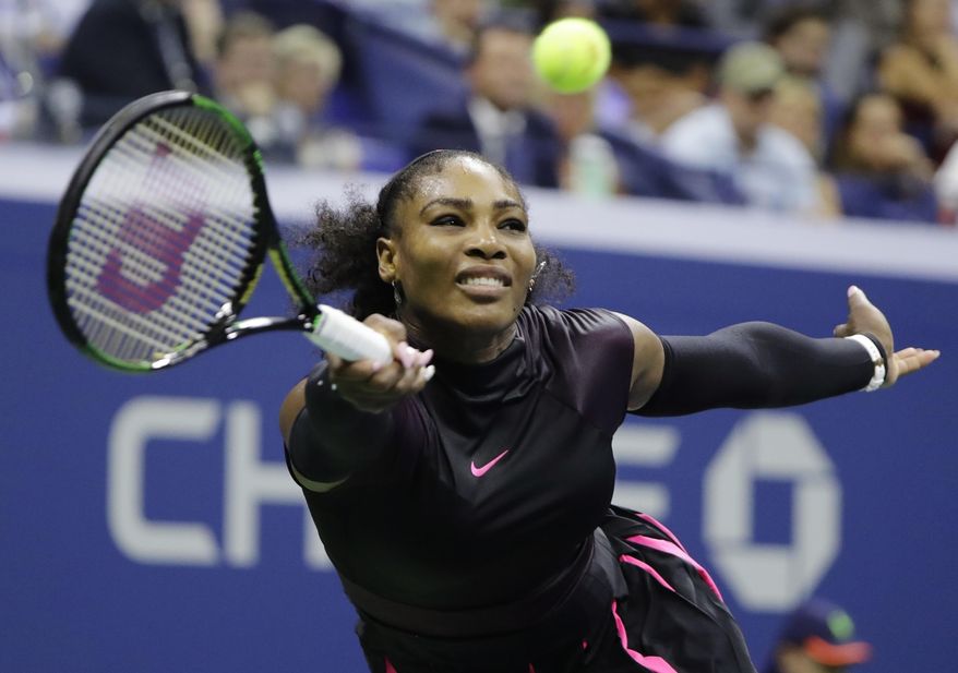 In this Thursday, Sept. 8, 2016, file photo, Serena Williams returns a shot to Karolina Pliskova, of the Czech Republic, during the semifinals of the U.S. Open tennis tournament, in New York. Williams says she “won’t be silent” about the killing of black men by police officers. Williams wrote on Facebook on Tuesday, Sept. 27, 2016, that she was inspired to speak out after asking her black 18-year-old nephew to drive her to a meeting. (AP Photo/Darron Cummings, File)