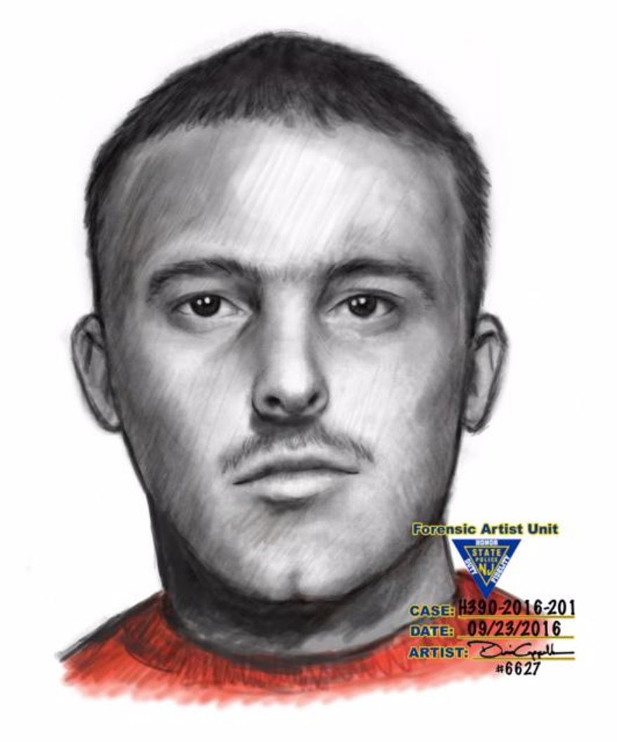 A composite sketch provided Thursday, Sept. 29, 2016, by the Union County Prosecutor's Office shows a man suspected of trying to lure girls in Union County, N.J. Authorities say at least three incidents took place last week in Roselle. The girls, who range in age from 12 to 16, all reported the man asked if they wanted a ride or physically grabbed them. Three girls in Kenilworth and Linden reported similar incidents last week. Police want to question the man. (AP Photo/Union County Prosecutor's Office)