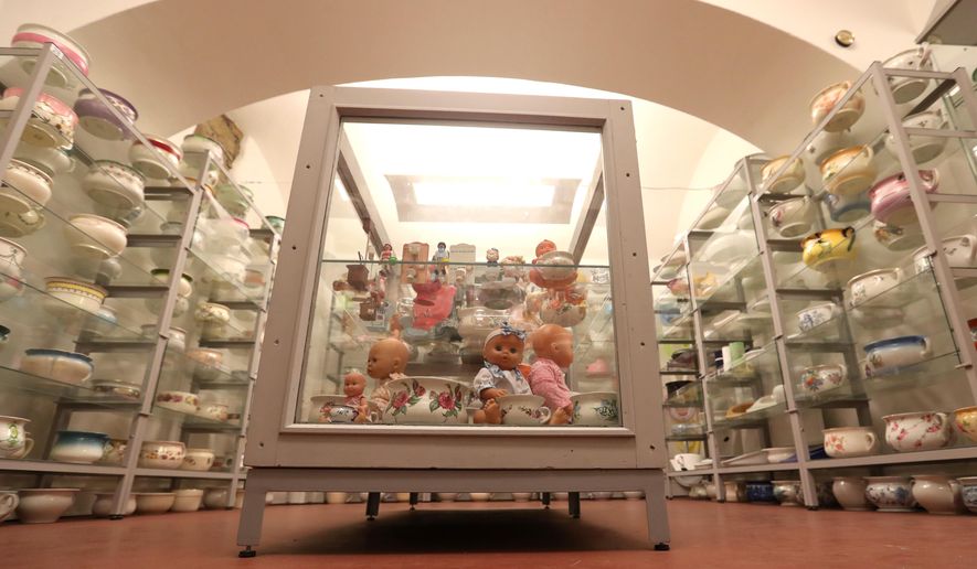 Chamber pots are on display at a Toilet Museum in Prague, Czech Republic, Friday, Sept. 30, 2016. Among the most interesting of some 2,000 pieces on display is a chamber pot which was acquired for the Lincoln Bedroom of the White House in 1892 and could serve up to 17 American presidents. Another chamber pot here was commissioned for Napoleon. (AP Photo/Petr David Josek)