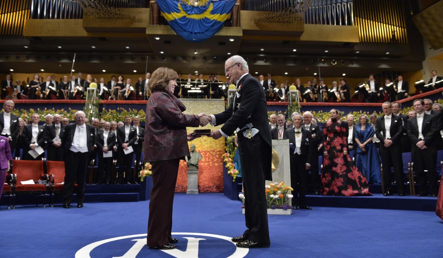 FILE - This is a Thursday, Dec. 10, 2015 file photo of the 2015 Nobel literature laureate Svetlana Alexievich of Belarus, left, receives the award from King Carl Gustaf of Sweden, during the 2015 Nobel prize award ceremony in Stockholm. The panel that awards the Nobel Prize in literature says this year's winner will be announced on Oct. 13, a week later than in previous years. Swedish Academy member Per Wastberg confirmed the date to The Associated Press on Friday Sept. 30, 2016. (Jonas Ekstromer/TT News Agency, File via AP)