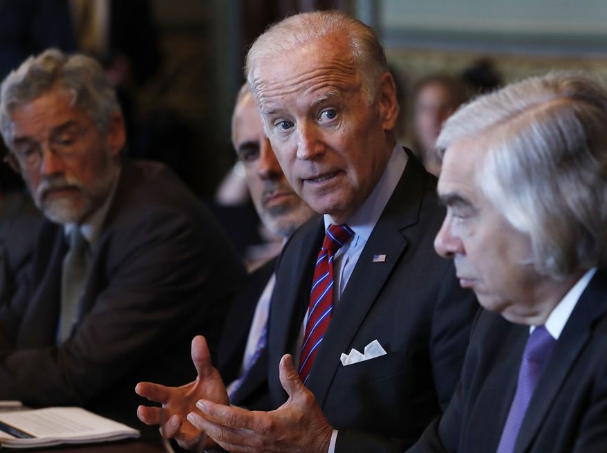 Vice President Joe Biden speaks during a meeting of the Cancer Moonshot Task Force, Tuesday, Oct. 4, 2106, in the Eisenhower Executive Office Building on the White House complex in Washington. Joining the Vice President from left are John Holdren, Director of the White House Office of Science and Technology Policy, Greg Simon of the Vice Presidents office, Biden, and Energy Secretary Ernest Moniz. (AP Photo/Carolyn Kaster)