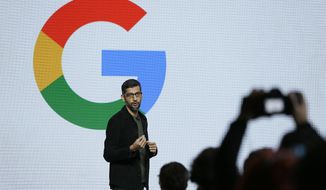 Google CEO Sundar Pichai speaks during a product event, Tuesday, Oct. 4, 2016, in San Francisco. Google launched an aggressive challenge to Apple and Samsung, introducing its own new line of smartphones called Pixel, which are designed to showcase a digital helper the company calls &quot;Google Assistant.&quot; The new phones represent a big, new push by Google to sell its own consumer devices, instead of largely just supplying software for other manufacturers. (AP Photo/Eric Risberg)