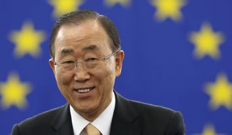 UN Secretary General Ban Ki-moon gestures before addressing members of the European Parliament in Strasbourg, eastern France, Tuesday, Oct. 4, 2016. U.N. Secretary-General Ban Ki-moon spoke to the European Parliament ahead of a historic vote on the Paris climate accord. Final support from Europe will give the pact sufficient global support for it to enter into force around the world. (AP Photo/Jean-Francois Badias)