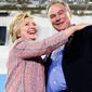 Democratic presidential candidate Hillary Clinton and running mate Sen. Tim Kaine at a rally in Virginia. (Associated press) ** FILE **