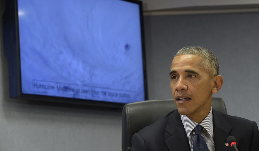 President Barack Obama speaks after getting updated on Hurricane Matthew during a visit to FEMA headquarters in Washington, Wednesday, Oct. 5, 2016. (AP Photo/Susan Walsh)