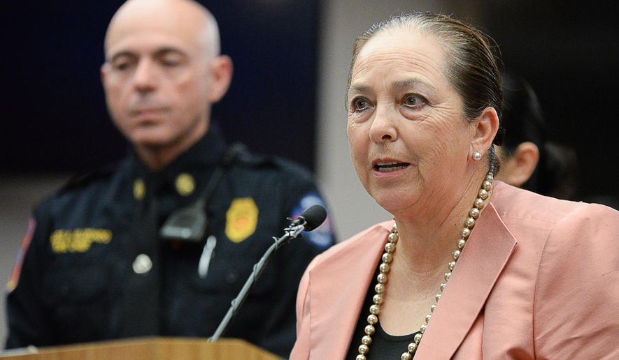 Brownsville Independent School District superintendent Esperanza Zendejas delivers comments Tuesday, Oct. 4, 2016, during a media conference in Brownsville, Texas. Zendejas addressed recent threat-like hoaxes made against local schools, stating that one student has been arrested and an investigation is to proceed to determine if others were involved. (Jason Hoekema/The Brownsville Herald via AP)