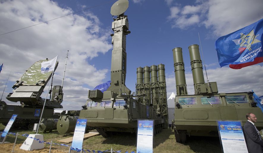 \Russian air defense system missile system Antey 2500, or S-300 VM, is on display at the opening of the MAKS Air Show in Zhukovsky outside Moscow, Russia. The Russian military said Tuesday it had deployed the S-300 air defense missile systems to Syria to protect a Russian navy facility in the Syrian port of Tartus and Russian navy ships in the area. (AP Photo/Ivan Sekretarev, file)