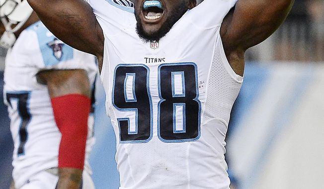FILE - In this Aug. 20, 2016, file photo, Tennessee Titans outside linebacker Brian Orakpo celebrates his tackle of Carolina Panthers quarterback Cam Newton in the first half of an NFL preseason football game in Nashville, Tenn. Orakpo is averaging a sack a game so far and has four of the Titans&#x27; six sacks as they prepare to play Miami on Sunday, Oct. 9, 2016. (AP Photo/Mark Zaleski, File)