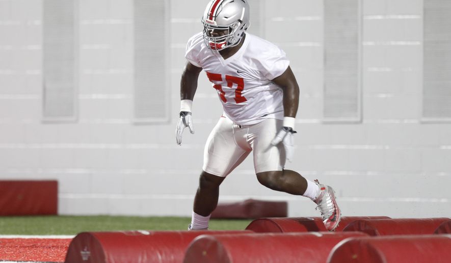 FILE - In this March 8, 2016, file photo, Ohio State defensive tackle Robert Landers runs drills during their Spring NCAA college football practice in Columbus, Ohio. Among the many pleasant surprises for Ohio State this season is an undersized redshirt freshman named Landers. (AP Photo/Jay LaPrete, File)