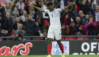 England’s Daniel Sturridge celebrates after scoring a goal during the World Cup Group F qualifying soccer match between England and Malta at Wembley stadium in London, Saturday Oct. 8, 2016. (AP Photo/Tim Ireland)
