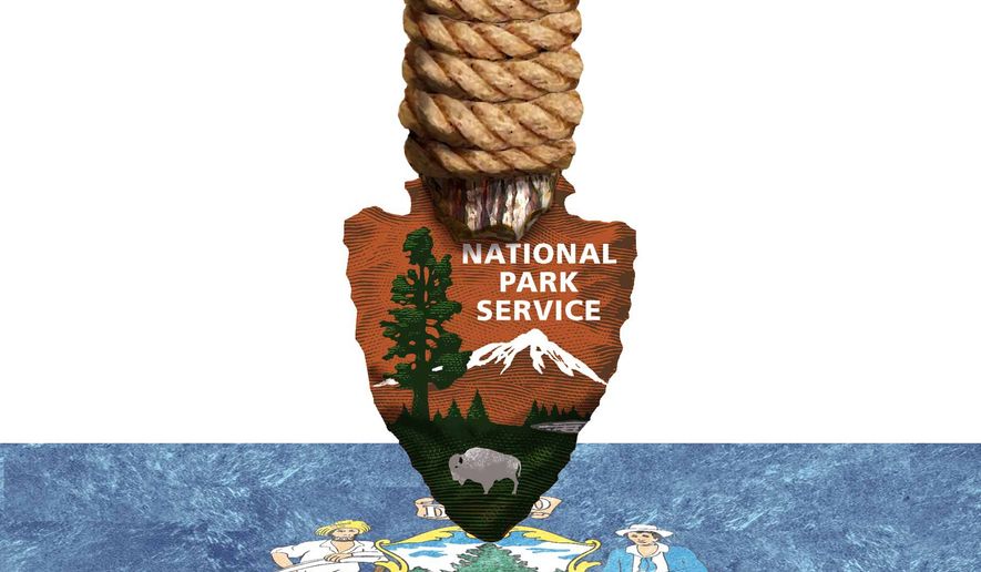 Illustration on a National Park Service land grab in Maine by Alexander Hunter/The Washington Times