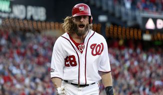 Washington Nationals&#39; Jayson Werth celebrates after scoring on a single by Daniel Murphy during the seventh inning of Game 2 of baseball&#39;s National League Division Series against the Los Angeles Dodgers at Nationals Park, Sunday, Oct. 9, 2016, in Washington. (AP Photo/Alex Brandon)