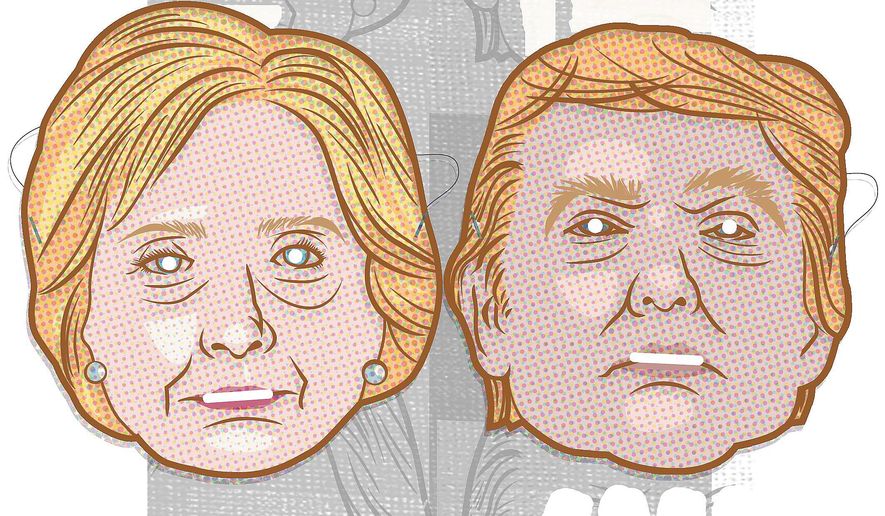 Illustration on the candidates&#39; past words and deeds at odd with their public faces by Linas Garsys/The Washington Times