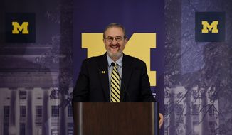 In this Wednesday, Oct. 5, 2016 photo, University of Michigan president Mark Schlissel speaks during the annual Leadership Breakfast at the Michigan Union at the University of Michigan, in Ann Arbor, Mich.The University of Michigan unveiled an $85 million, five-year plan on Thursday, Oct. 6, 2016, to promote diversity and inclusion Thursday, just days after racist flyers posted at the mostly white Ann Arbor campus caused unease among some black students ( Melanie Maxwell/The Ann Arbor News via AP)