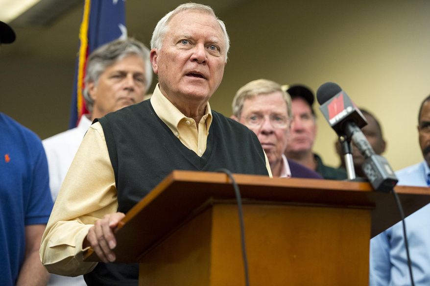 Georgia Governor Nathan Deal officially announces the end of his mandatory evacuation from Chatham County Sunday, Oct. 9, 2016, during a press conference at Signature Aviation. Residents were allowed back to their home till the beginning of curfew at 10PM Sunday. (Josh Galemore/Savannah Morning News via AP)
