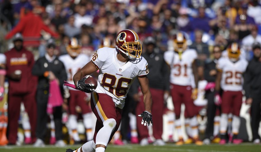 Washington Redskins&#x27; Jordan Reed in action during the second half of an NFL football game against the Baltimore Ravens, Sunday, Oct. 9, 2016, in Baltimore. (AP Photo/Nick Wass)