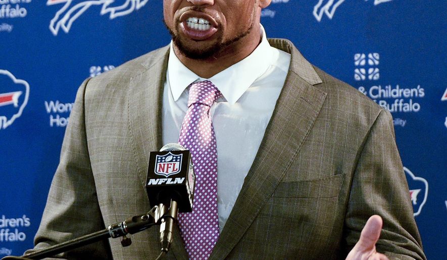 This Oct. 9, 2016 photo shows Buffalo Bills outside linebacker Lorenzo Alexander speaking at a news conference in Los Angeles.  Alexander has helped the Buffalo Bills defense re-establish its pass-rushing identity. Five weeks into the season, the 10-year veteran is leading the NFL with seven sacks _ two short of matching what Alexander totaled in his first 127 career games. (AP Photo/Kelvin Kuo)