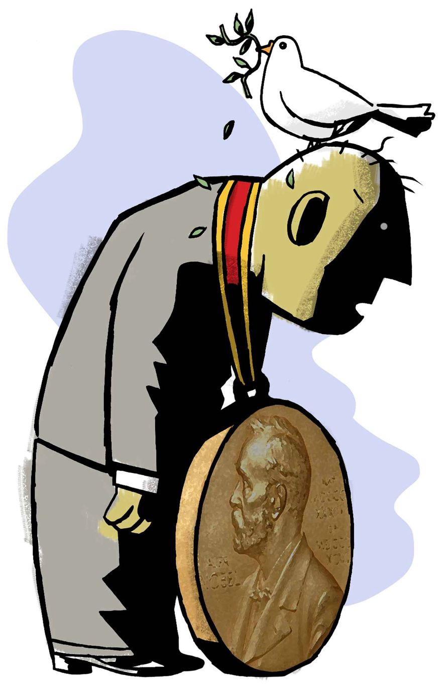 Illustration on complications attendant to living up to the hopes of the Nobel Peace Prize by Alexander Hunter/The Washington Times