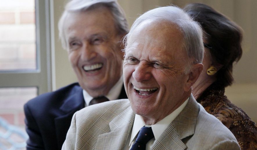 CORRECTS YEAR OF PHOTO TO 2013 - FILE - In this Sept. 18, 2013, file photo, former U.S. Senators David Pryor, right, and Dale Bumpers, both D-Ark., laugh at a joke during a meeting at the Governors Mansion in Little Rock, Ark. Family members say Pryor, former Arkansas governor and U.S. Sen. is recovering in a hospital after suffering a stroke. The family issued a statement Tuesday Oct. 11, 2016 that said the 82-year-old Pryor suffered a stroke Monday and underwent surgery “that appears to have been successful.” (AP Photo/Danny Johnston, File)