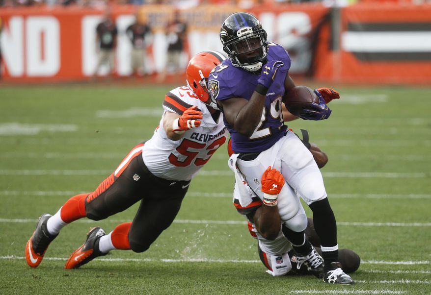 FILE - In this Sept. 18, 2016, file photo, Baltimore Ravens running back Justin Forsett (29) is tackled by Cleveland Browns strong safety Ibraheim Campbell, behind, and outside linebacker Joe Schobert (53) during an NFL football game in Cleveland. The Detroit Lions have signed Forsett to bolster their short-handed backfield. Forsett was released earlier this month by Baltimore after asking to be let go. He was on the inactive list two weekends ago and there didn&#x27;t seem to be much playing time with the Ravens in his future. (AP Photo/Ron Schwane, File)