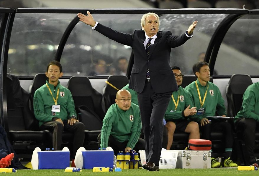 Japan manager Vahid Halilhodzic gestures during his team's World Cup qualifying match against Australia in Melbourne, Australia, Tuesday, Oct. 11, 2016. (AP Photo/Andy Brownbill)